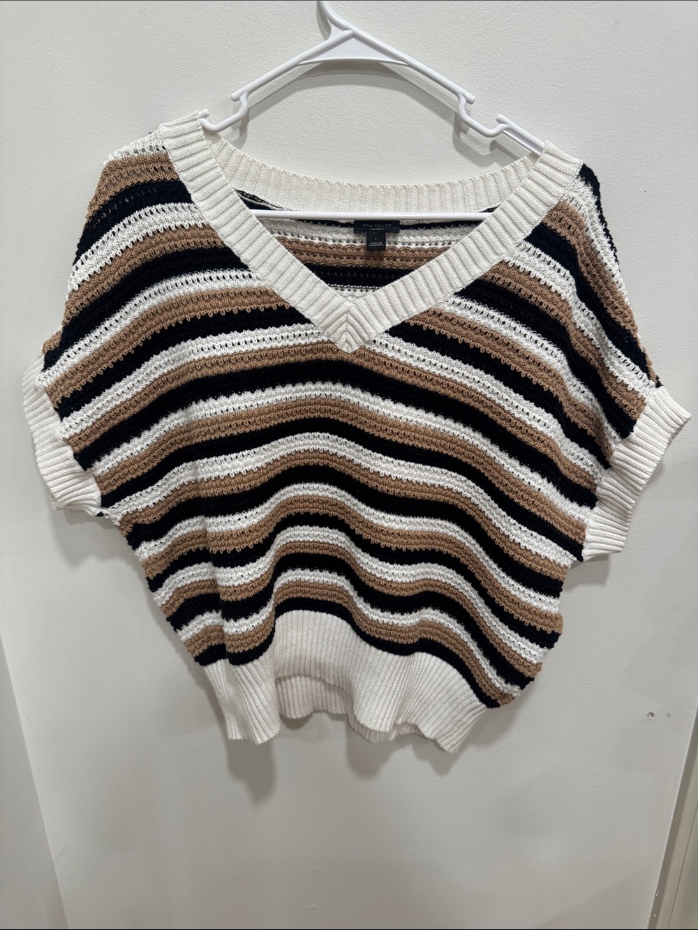 Ann Taylor Factory Striped V-Neck Sweater in White, Black & Brown